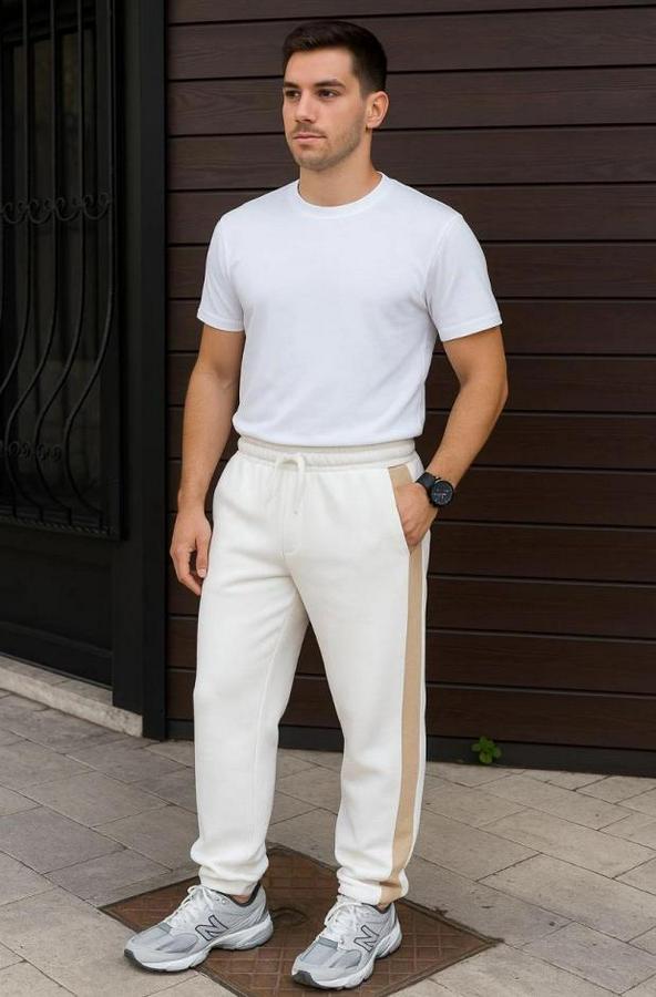 Üç Iplik Kışlık Pamuklu Yandan Garneli Kalın Bej Şeritli Cepli Eşofman Altı