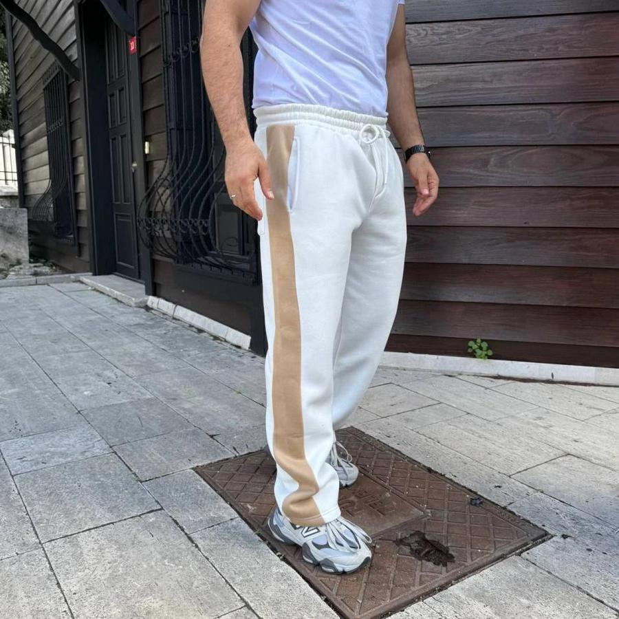 Üç Iplik Kışlık Pamuklu Yandan Garneli Kalın Bej Şeritli Cepli Eşofman Altı