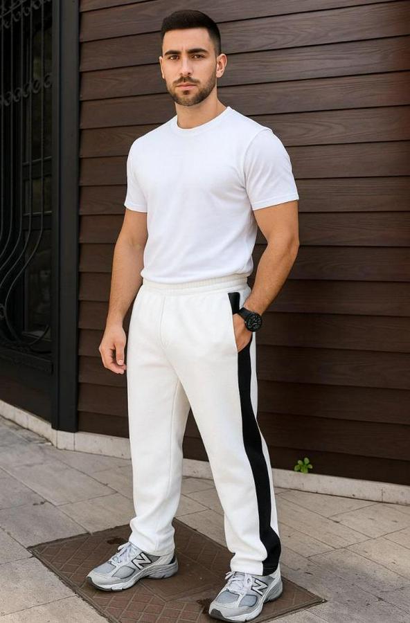 Üç Iplik Kışlık Pamuklu Yandan Garneli Kalın Şeritli Cepli Eşofman Altı