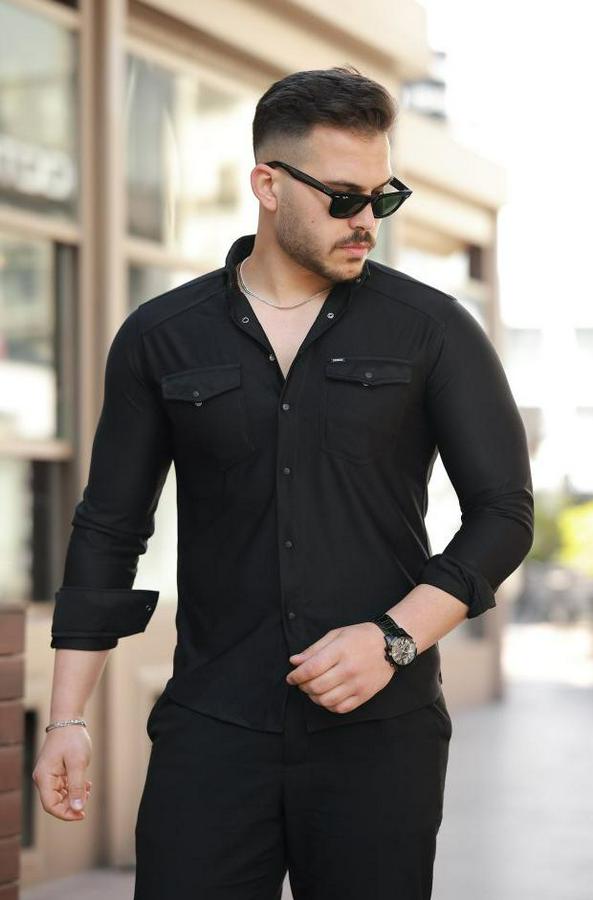 Çift Cepli Çıtçıt Düğmeli Uzun Kollu Gömlek