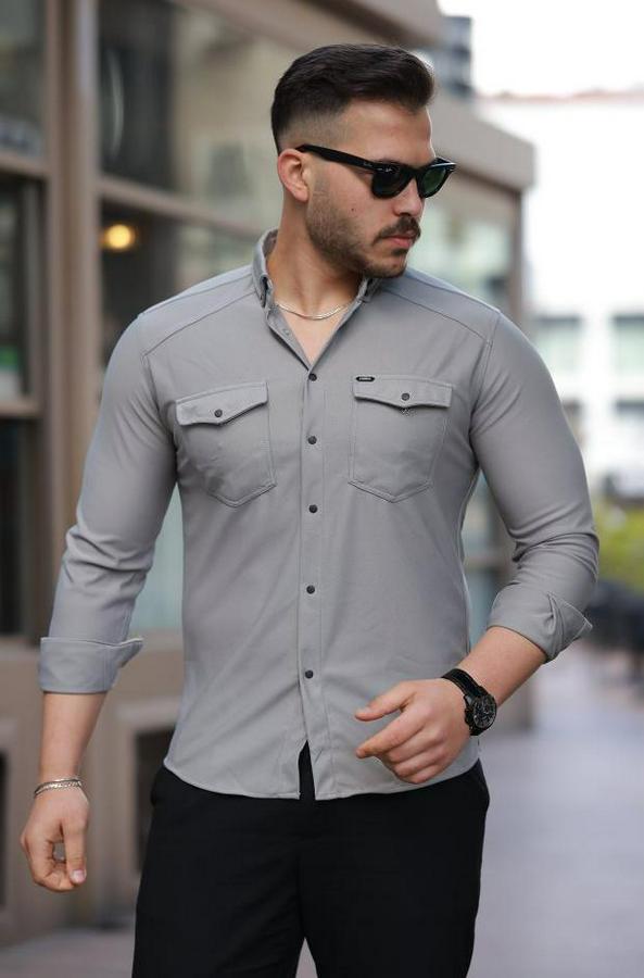 Çift Cepli Çıtçıt Düğmeli Uzun Kollu Gömlek