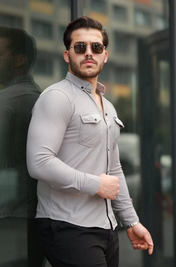 Çift Cepli Çıtçıt Düğmeli Uzun Kollu Gömlek