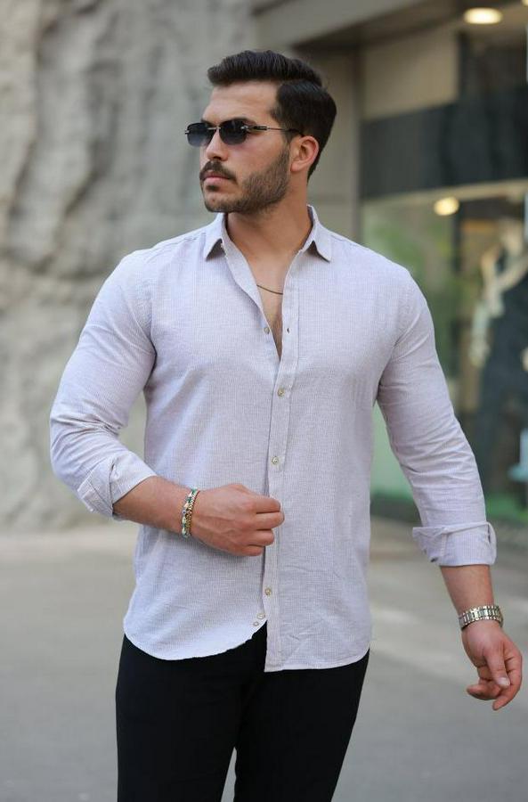 Çizgi Desenli Uzun Kollu Pamuklu Keten Gömlek