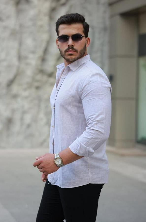 Çizgi Desenli Uzun Kollu Pamuklu Keten Gömlek