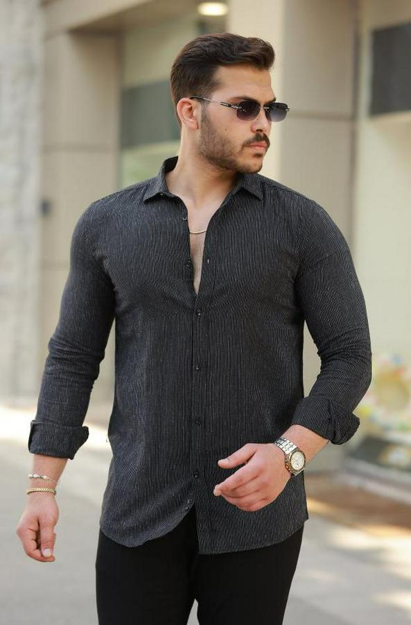 Çizgi Desenli Uzun Kollu Pamuklu Keten Gömlek