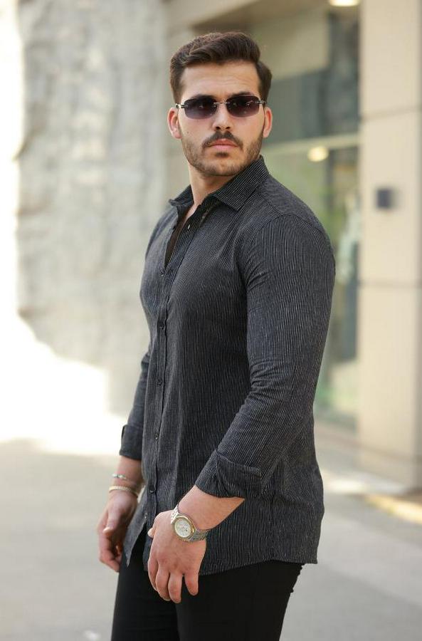 Çizgi Desenli Uzun Kollu Pamuklu Keten Gömlek