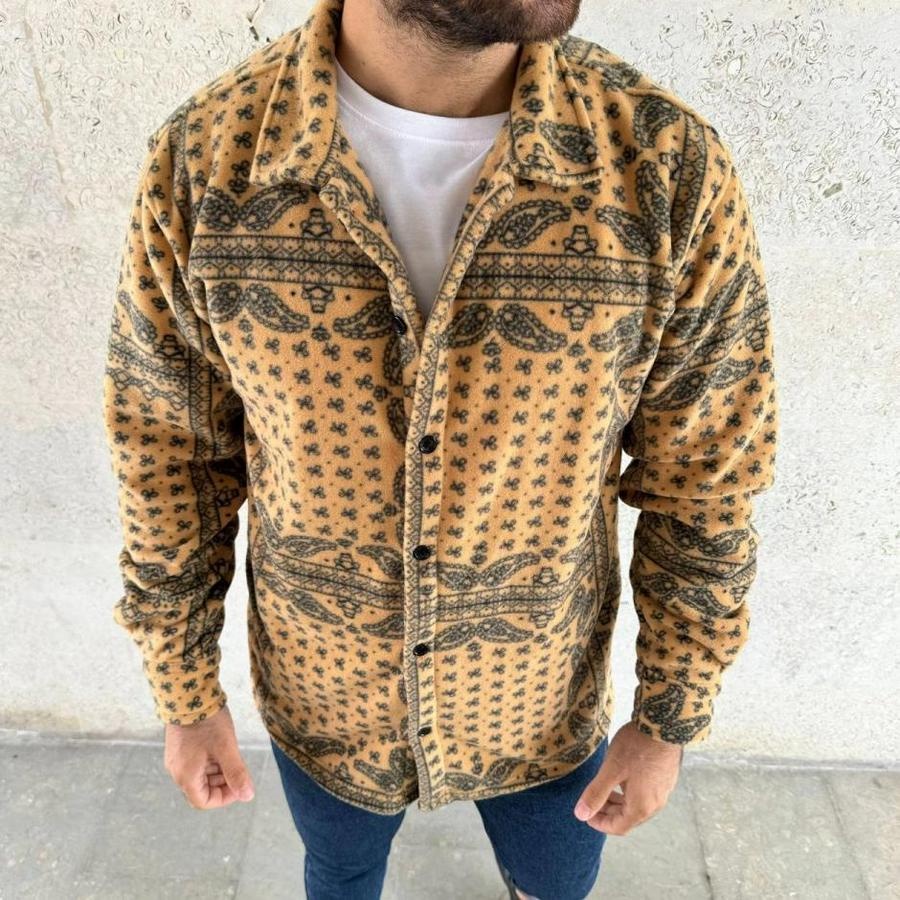 Desenli Düğmeli Polar Gömlek – Hardal Paisley Desen Yakalı, Uzun Kollu, Oversize Rahat Kalıp