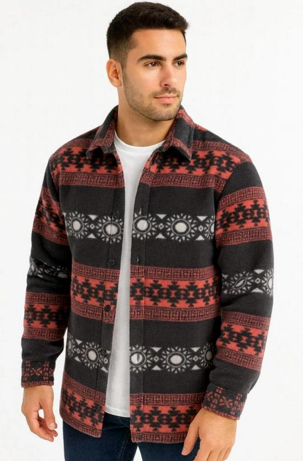 Desenli Polar Gömlek – Etnik Şerit Desen Yakalı, Uzun Kollu, Düğmeli, Oversize Rahat Kalıp