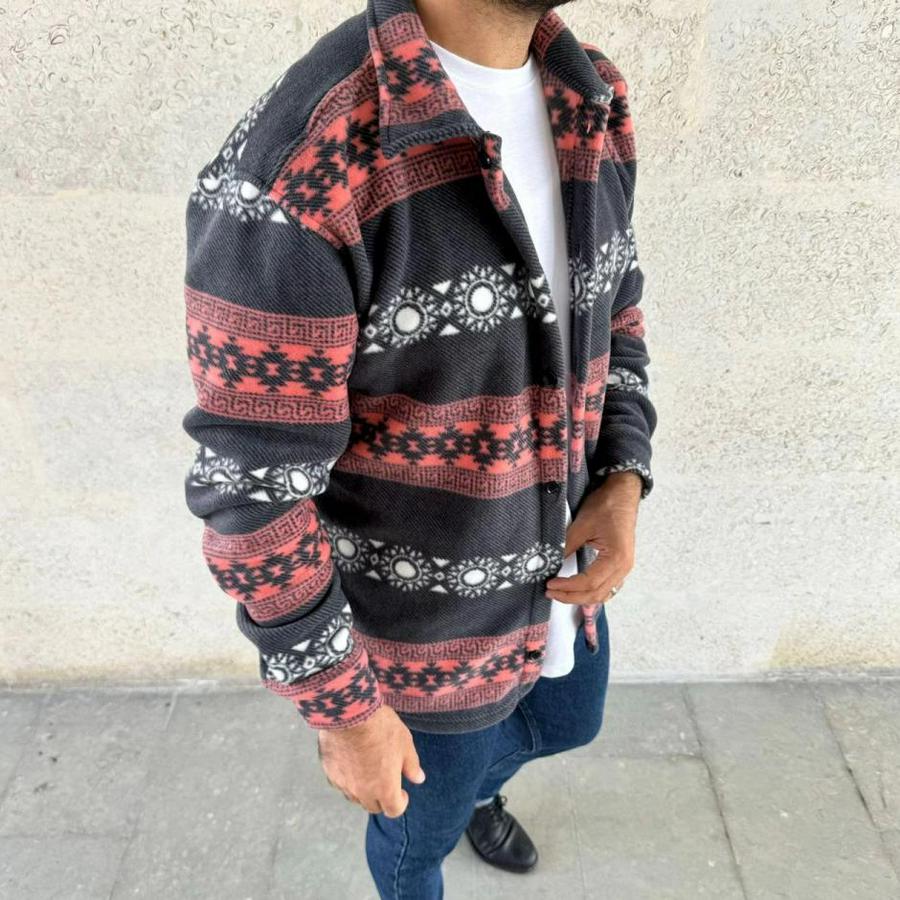 Desenli Polar Gömlek – Etnik Şerit Desen Yakalı, Uzun Kollu, Düğmeli, Oversize Rahat Kalıp