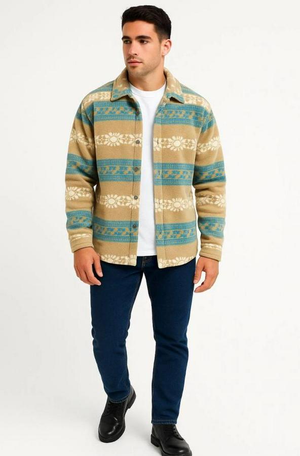 Desenli Polar Gömlek – Etnik Şerit Desen Yakalı, Uzun Kollu, Düğmeli, Oversize Rahat Kalıp