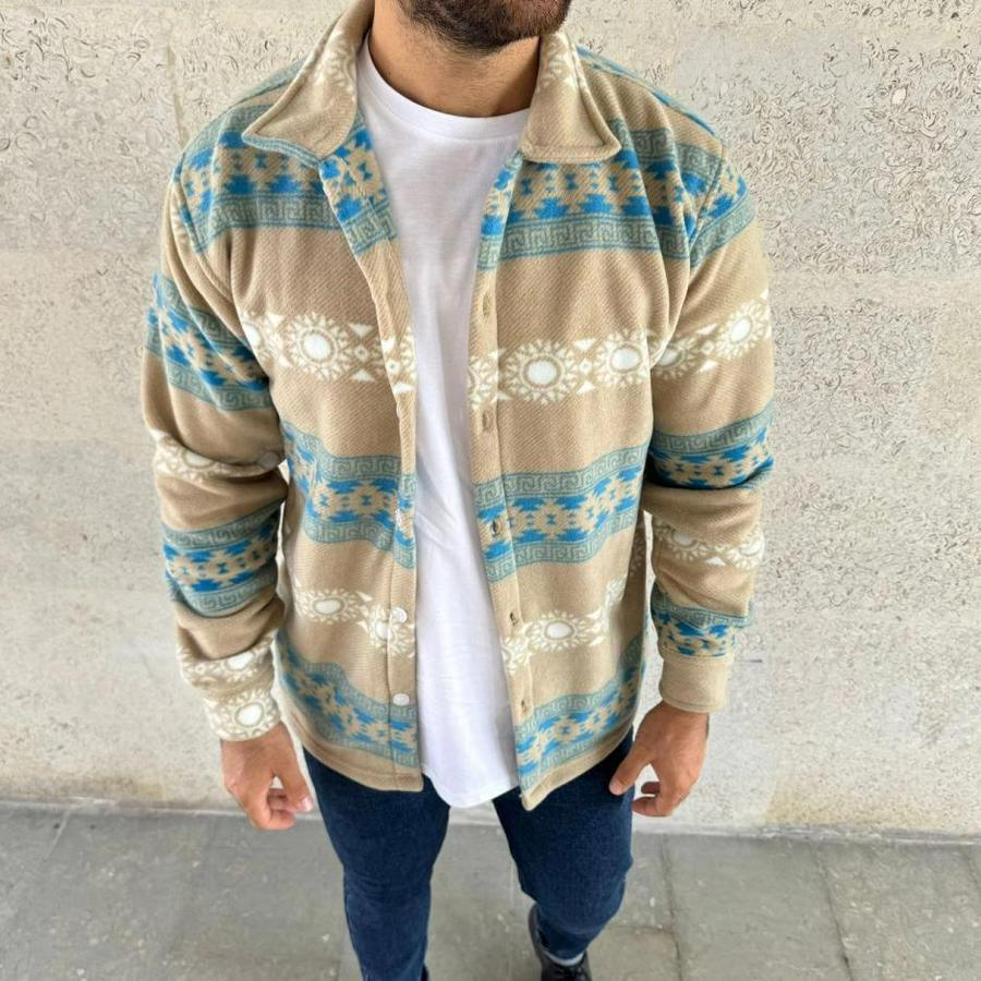 Desenli Polar Gömlek – Etnik Şerit Desen Yakalı, Uzun Kollu, Düğmeli, Oversize Rahat Kalıp