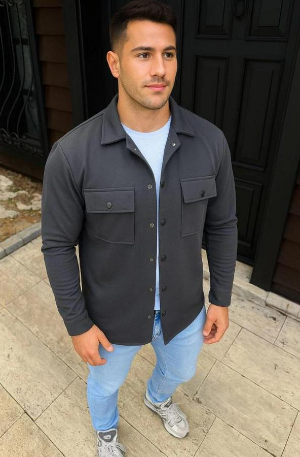 Diagonal Kumaş Cepli Çıtçıtlı Uzun Kollu, Gömlek Oversize Rahat Kalıp Günlük Şık Stil