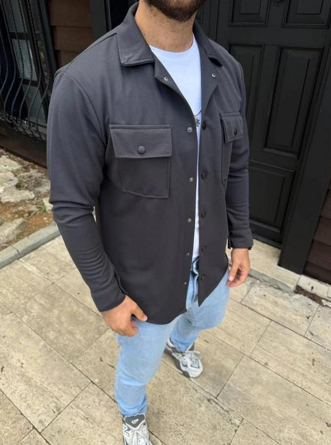 Diagonal Kumaş Cepli Çıtçıtlı Uzun Kollu, Gömlek Oversize Rahat Kalıp Günlük Şık Stil