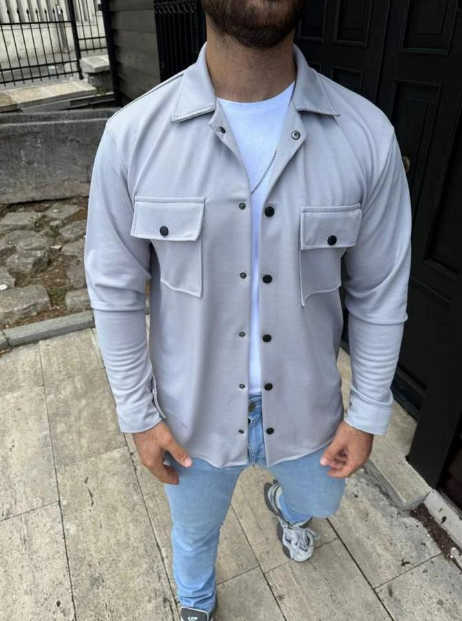 Diagonal Kumaş Cepli Çıtçıtlı Uzun Kollu, Gömlek Oversize Rahat Kalıp Günlük Şık Stil