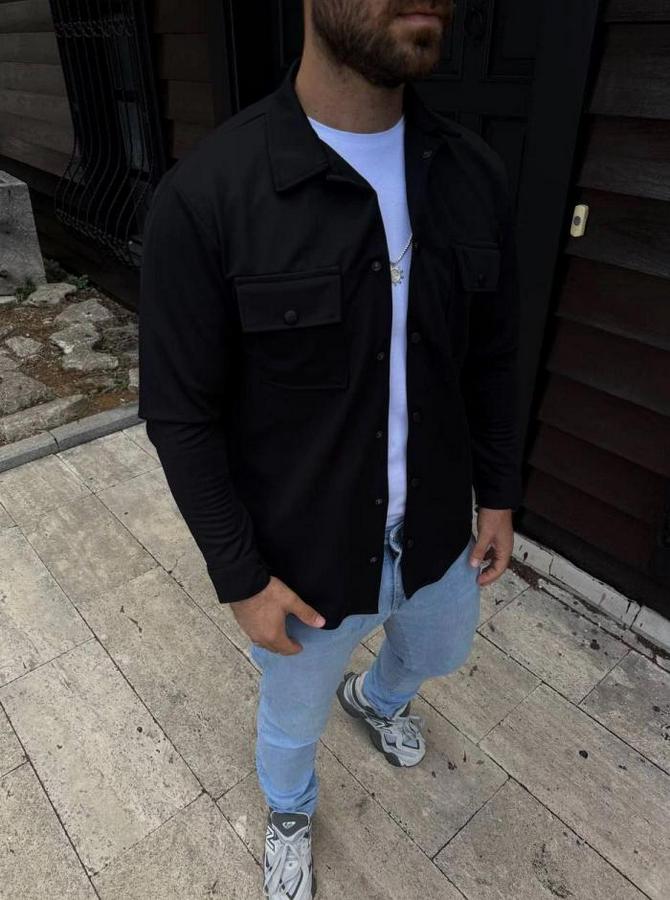 Diagonal Kumaş Cepli Çıtçıtlı Uzun Kollu, Gömlek Oversize Rahat Kalıp Günlük Şık Stil