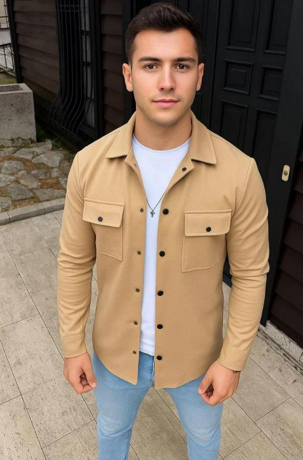 Diagonal Kumaş Cepli Çıtçıtlı Uzun Kollu, Gömlek Oversize Rahat Kalıp Günlük Şık Stil