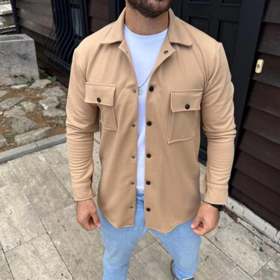 Diagonal Kumaş Cepli Çıtçıtlı Uzun Kollu, Gömlek Oversize Rahat Kalıp Günlük Şık Stil