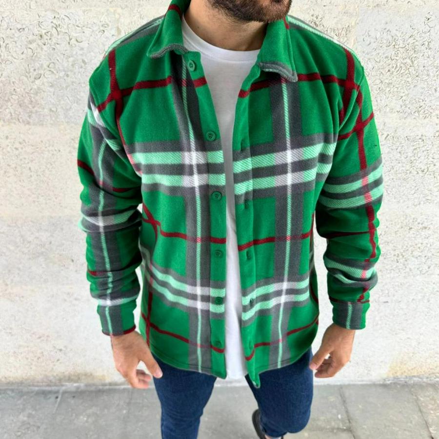 Ekose Desenli Düğmeli Polar Yakalı Uzun Kollu Gömlek Oversize Rahat Kalıp