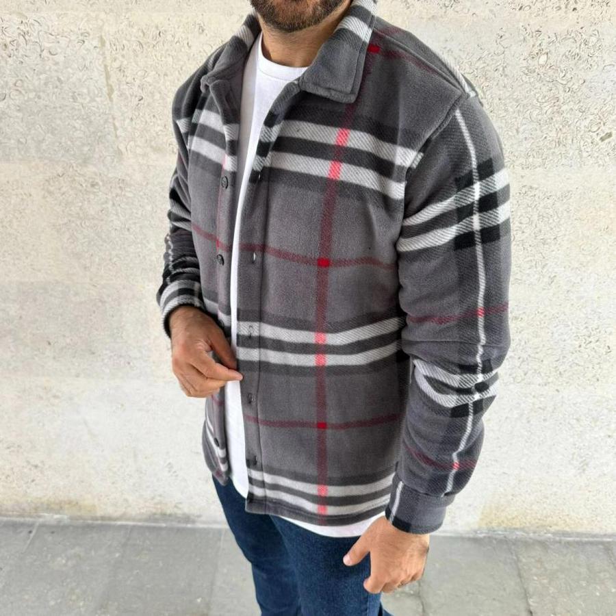 Ekose Desenli Düğmeli Polar Yakalı Uzun Kollu Gömlek Oversize Rahat Kalıp