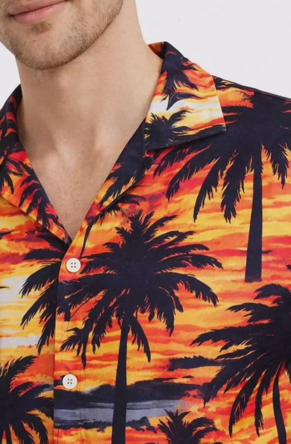Gün Batımı Palmiye Desenli Kısa Kol Gömlek Hawaii Tarz Yazlık Rahat Kalıp