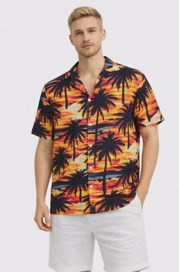 Gün Batımı Palmiye Desenli Kısa Kol Gömlek Hawaii Tarz Yazlık Rahat Kalıp
