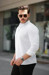 Hakim Yaka Yarım Düğmeli Keten Gömlek