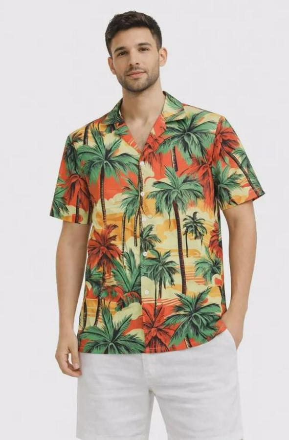 Hawaii Tarz Tropikal Palmiye Desenli Kısa Kol Gömlek Rahat Kalıp Yazlık