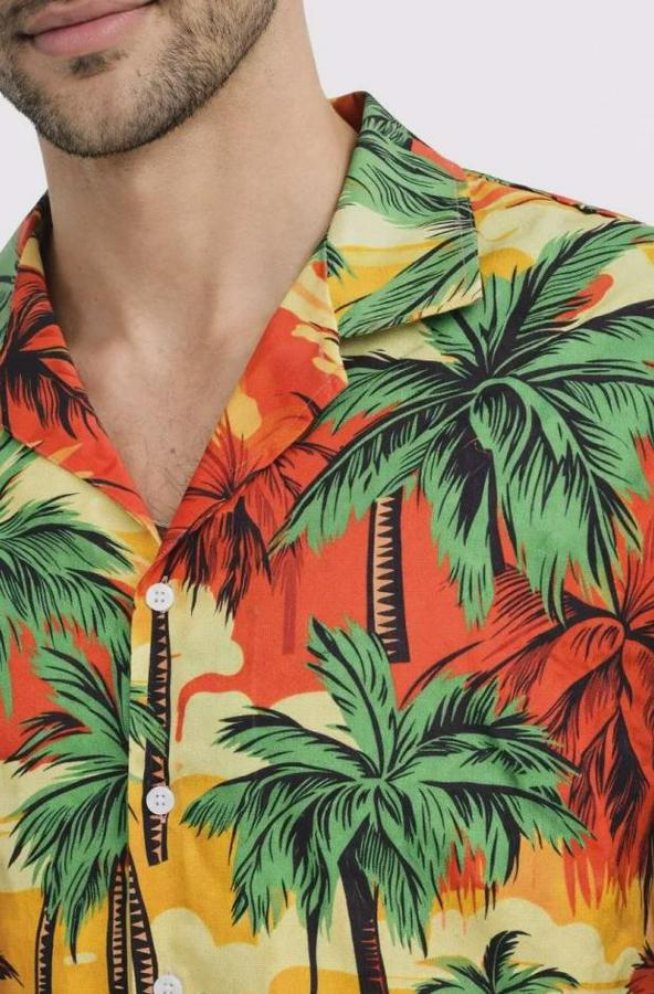 Hawaii Tarz Tropikal Palmiye Desenli Kısa Kol Gömlek Rahat Kalıp Yazlık