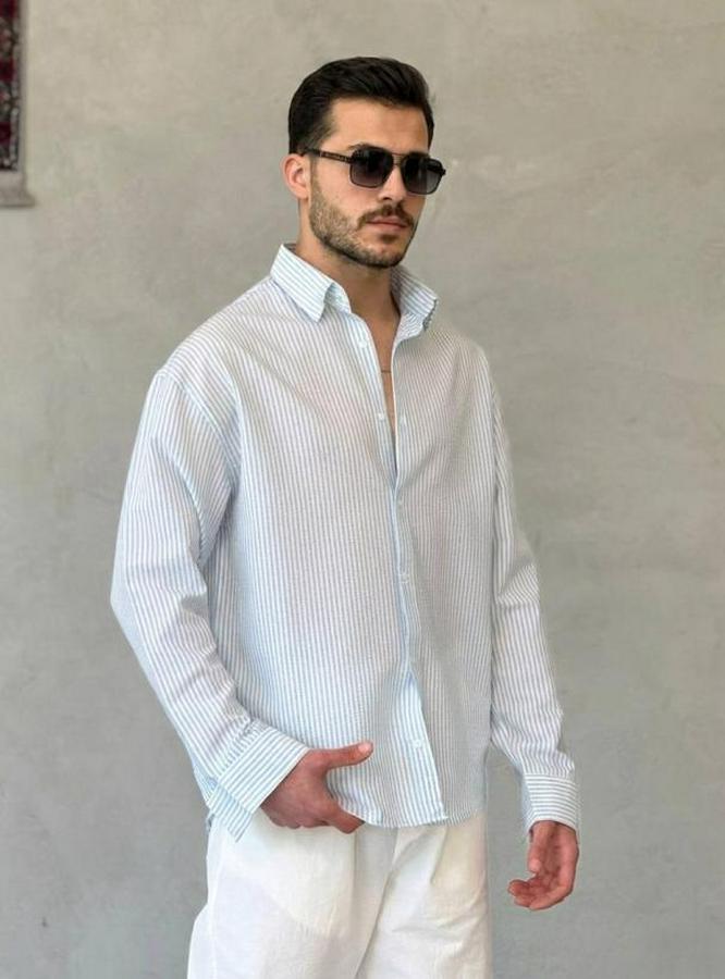 Ince Çizgili Gofre Kumaş Rahat Kalıp Gömlek