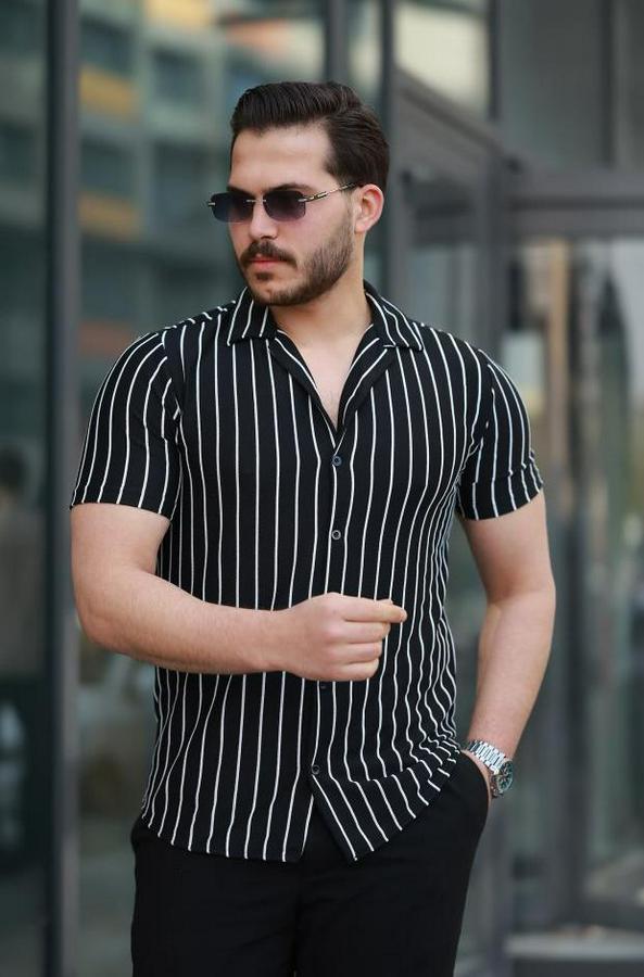 Kısa Kollu Beyaz Çizgi Desenli Örme Kumaş Pamuklu Gömlek