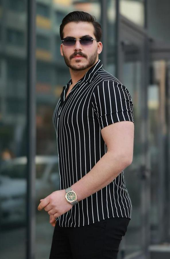 Kısa Kollu Beyaz Çizgi Desenli Örme Kumaş Pamuklu Gömlek
