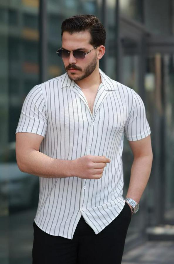 Kısa Kollu Gri Çizgi Desenli Örme Kumaş Pamuklu Gömlek