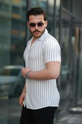 Kısa Kollu Gri Çizgi Desenli Örme Kumaş Pamuklu Gömlek