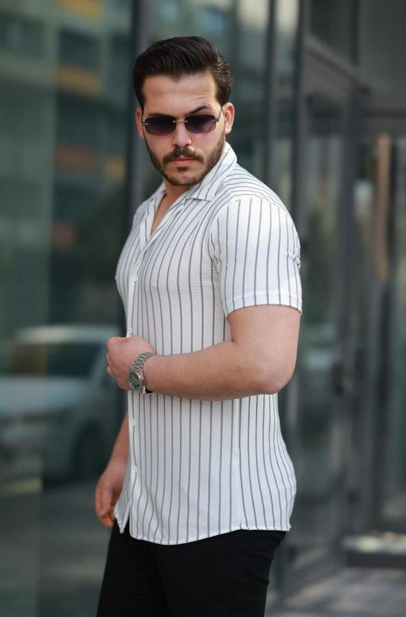 Kısa Kollu Gri Çizgi Desenli Örme Kumaş Pamuklu Gömlek