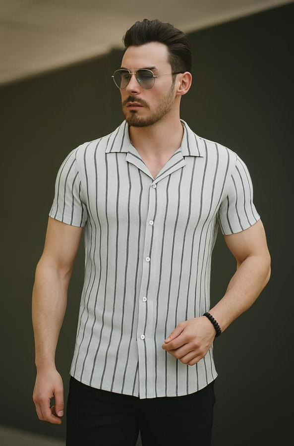 Kısa Kollu Gri Çizgi Desenli Örme Kumaş Pamuklu Gömlek