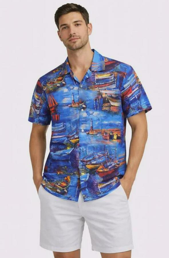 Marin Desenli Kısa Kol Gömlek Yazlık Rahat Kalıp Dijital Baskılı