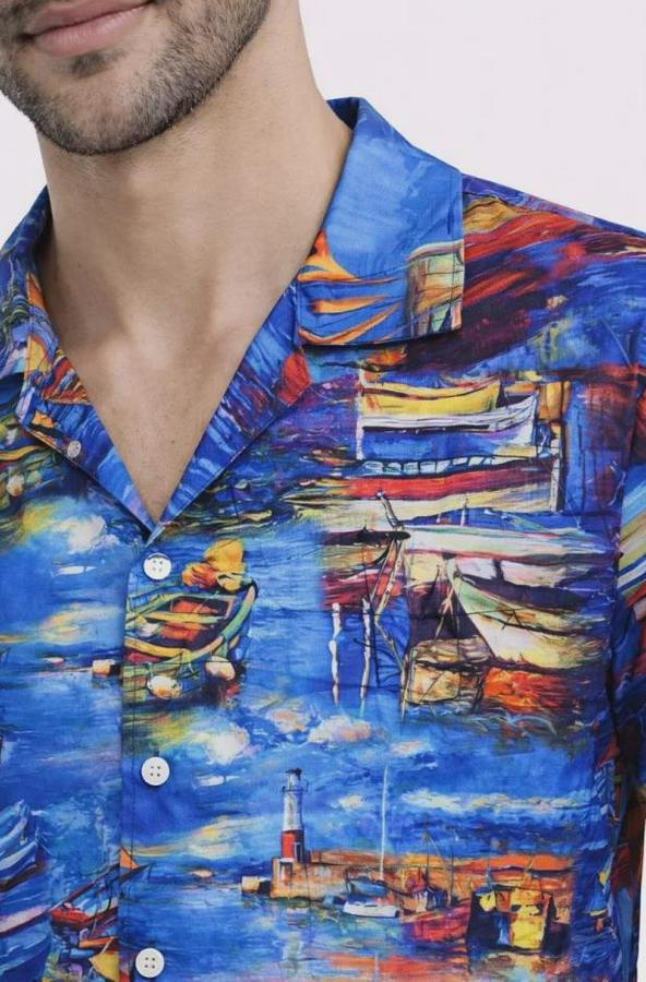 Marin Desenli Kısa Kol Gömlek Yazlık Rahat Kalıp Dijital Baskılı