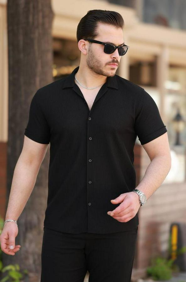 Ottoman Kumaş Apaj Yaka Kısa Kollu Gömlek