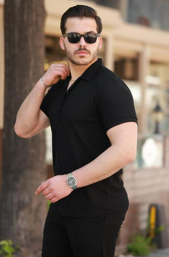 Ottoman Kumaş Apaj Yaka Kısa Kollu Gömlek