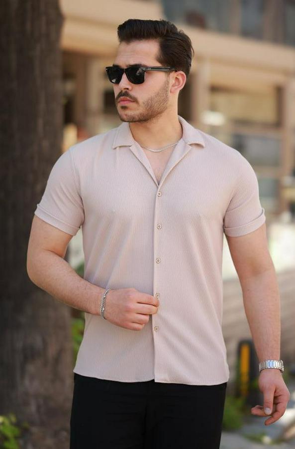 Ottoman Kumaş Apaj Yaka Kısa Kollu Gömlek