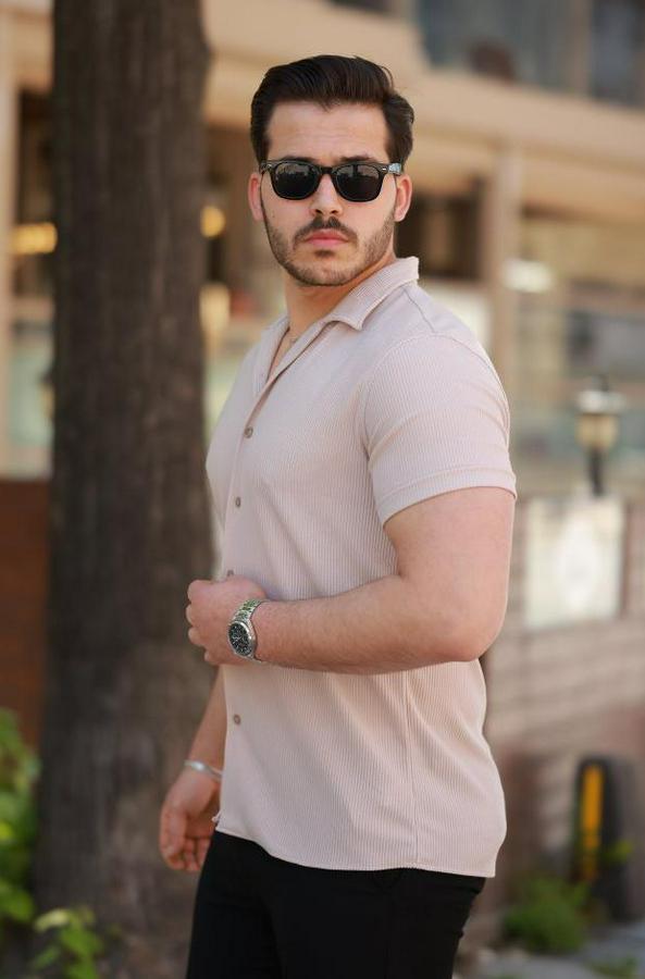 Ottoman Kumaş Apaj Yaka Kısa Kollu Gömlek