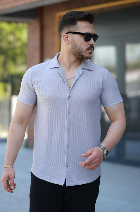 Ottoman Kumaş Apaj Yaka Kısa Kollu Gömlek