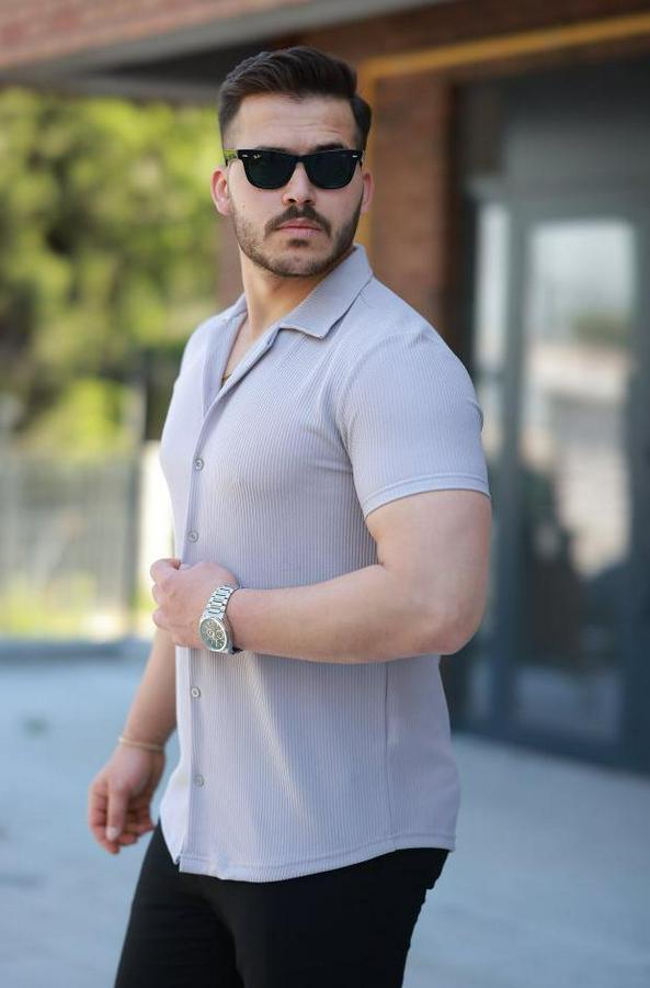 Ottoman Kumaş Apaj Yaka Kısa Kollu Gömlek