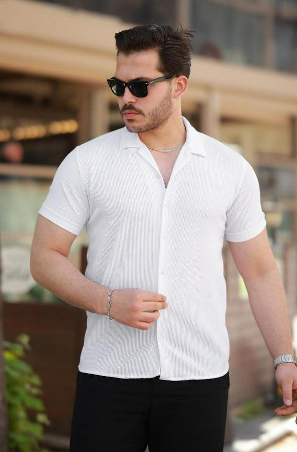 Ottoman Kumaş Apaj Yaka Kısa Kollu Gömlek