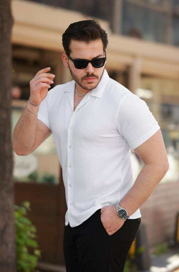 Ottoman Kumaş Apaj Yaka Kısa Kollu Gömlek