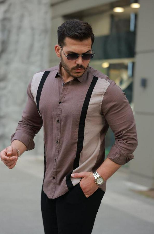 Şerit Detaylı Uzun Kollu Pamuklu Keten Gömlek