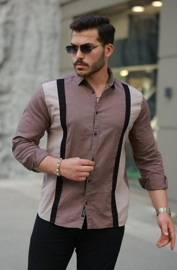 Şerit Detaylı Uzun Kollu Pamuklu Keten Gömlek