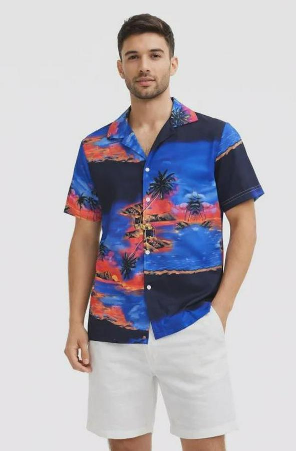Tropikal Ada Manzara Desenli Kısa Kol Gömlek Hawaii Tarz Yazlık Rahat Kalıp