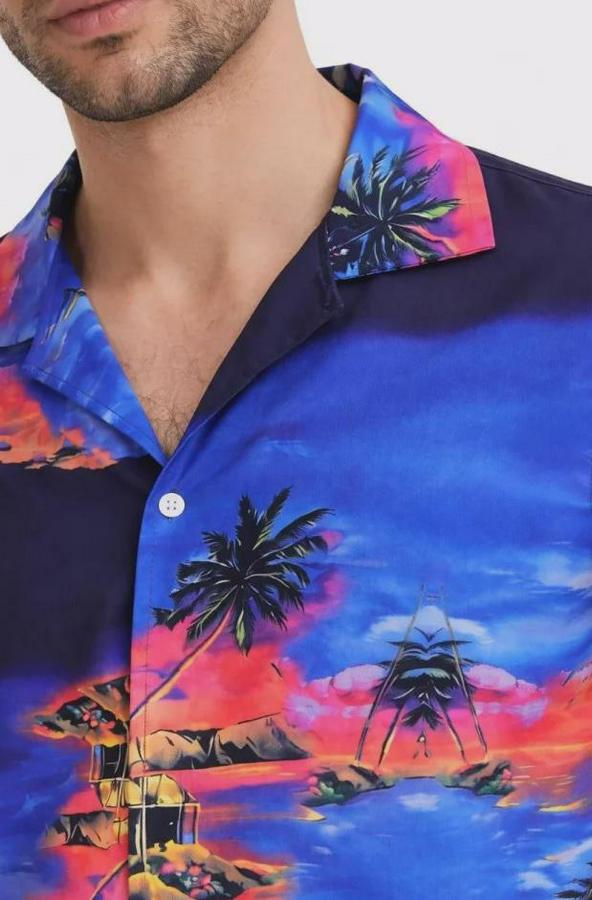 Tropikal Ada Manzara Desenli Kısa Kol Gömlek Hawaii Tarz Yazlık Rahat Kalıp