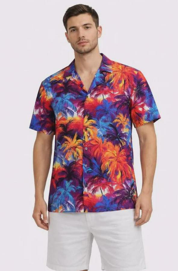 Tropikal Desenli Kısa Kol Gömlek Rahat Kalıp Yazlık Hawaii Tarz